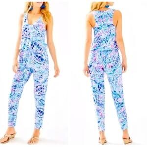 New Lilly Pulitzer Paulina Jumpsuit Tank XS Breakwater Party Wave Print Summer